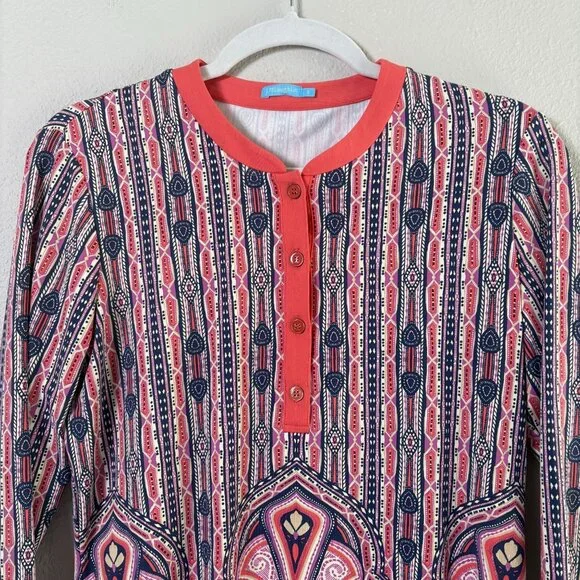 J McLaughlin Tunic Top Size S Coral Navy Paisley 3/4 Sleeve Catalina Cloth - Picture 2 of 12